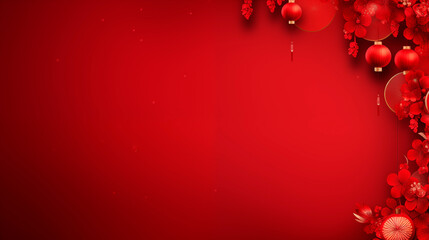 Background for Chinese new year, red banner template design with lantern and flowers on red background. Copy space.