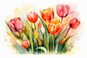 flowers tulips set in vintage style. Watercolor botanical illustration,
