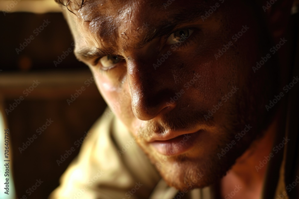 Poster A close-up photograph capturing the direct gaze of a man looking at the camera. Suitable for various applications
