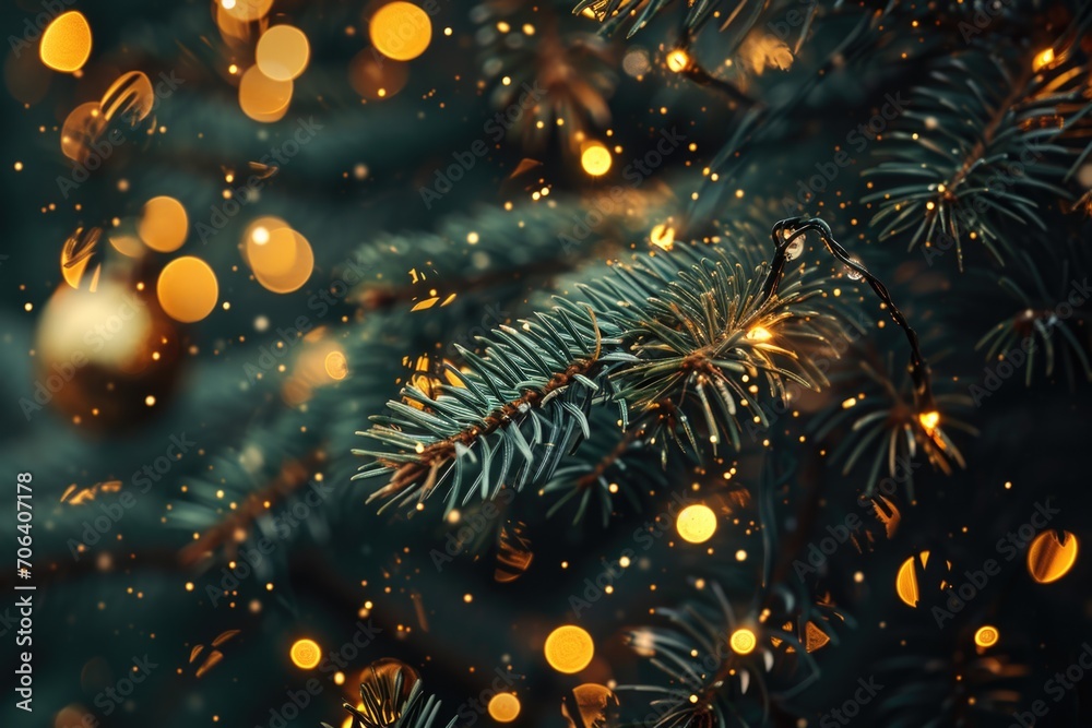 Poster a close up view of a christmas tree with twinkling lights in the background. perfect for holiday-the