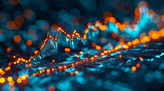 digital blue and orange graph with peaks and valleys, resembling a stock market chart, glowing against a blurred background