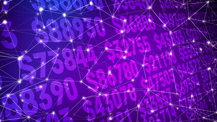 Digital money and connected lines tracking changing flow of dollars in finance banking and business for success in earnings, expense, and retirement