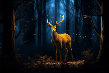 Majestic golden deer pierces through total darkness. A symbol of ethereal grace and guardian mystique, this golden sentinel illuminates the nocturnal wilderness