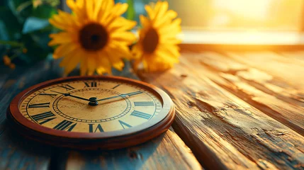 Fototapeten wooden clock lies on a table with sunflowers in the background. Sunlight shines on the scene, giving a warm, peaceful feeling © weerasak