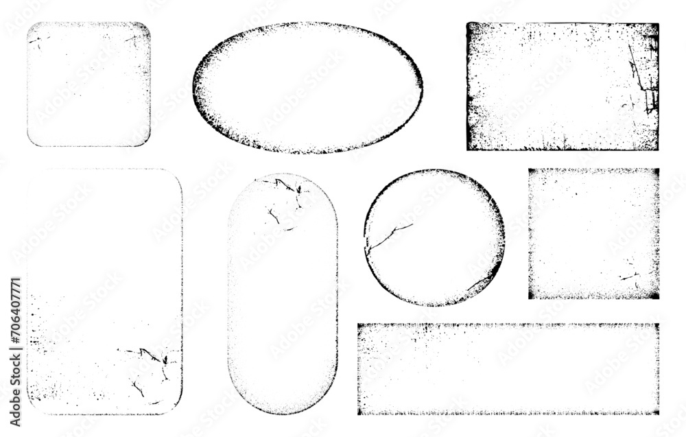 Poster Worn and faded paper frames, isolated oval and square, circle and rectangle. Vector realistic stickers with grainy texture on corners and sides. Aged and rough dirty surface of pages or stamps