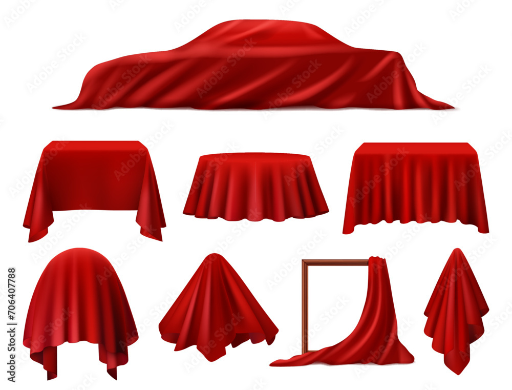 Poster red drapery or silk fabric hiding object or empty frame. vector isolated reveal cloth for surprise o