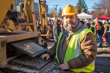 Man professional use control panel of yellow big truck on building construction site. Concept industry worker