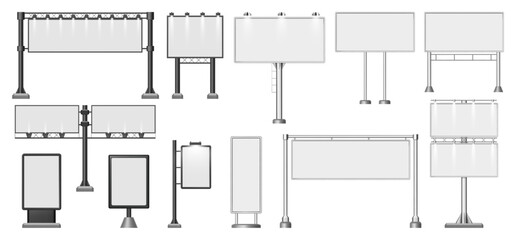 Signboard with lights for advertising and promotion. Vector isolated set of billboards on poles, stand for commercial or announcement display, screen with illumination for city, exhibition placard