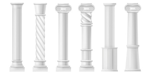 Realistic antique ionic columns, greek or roman culture. Vector isolated marble antique architecture elements of facade of building or temple, exterior and interior design. Vertical flutings