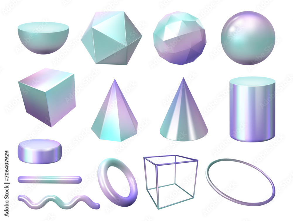 Poster Holographic gradient shapes in 3d, geometric figures with colorful facets. Vector isolated geometry figures with polygons, cube and sphere, semicircle and cone, pyramid and wavy line design