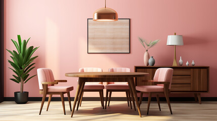 Art Deco Delight: Wooden Chair and Dining Table in Pink Surroundings