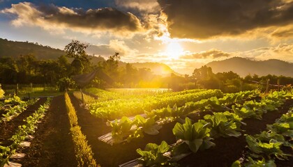 Lush vegetable garden in the sunset