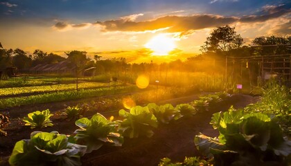 Lush vegetable garden in the sunset