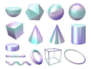 Holographic gradient shapes in 3d, geometric figures with colorful facets. Vector isolated geometry figures with polygons, cube and sphere, semicircle and cone, pyramid and wavy line design - obrazy, fototapety, plakaty