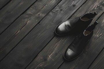 Black leather ankle boots on a dark wooden floor