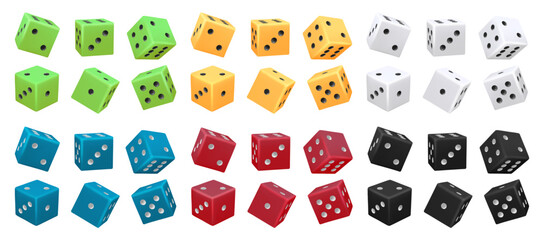 Cubes with random numbers, rolling or throwing dice cube for luck in game or casino. Vector isolated object for playing boardgame or gamble. Win and betting, gaming experience leisure or hobby - obrazy, fototapety, plakaty
