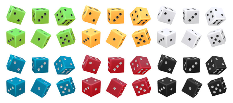 Cubes with random numbers, rolling or throwing dice cube for luck in game or casino. Vector isolated object for playing boardgame or gamble. Win and betting, gaming experience leisure or hobby