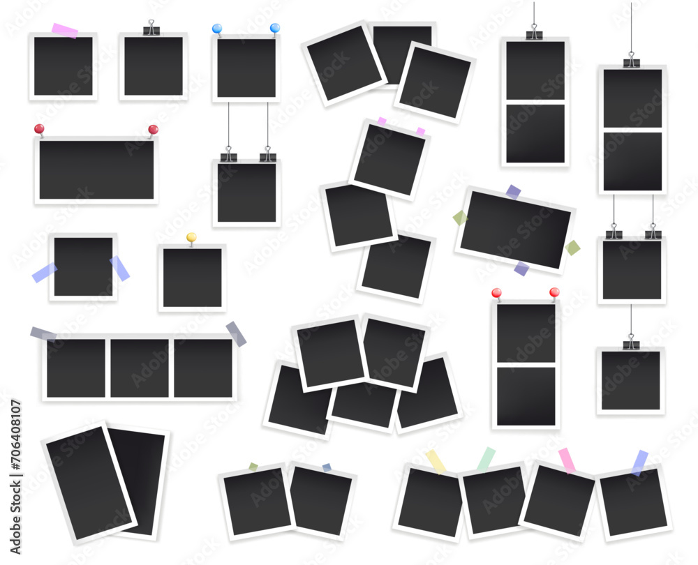Poster square photo frame on sticky tape, paper clip binder and pins. vector isolated empty snapshots, blan