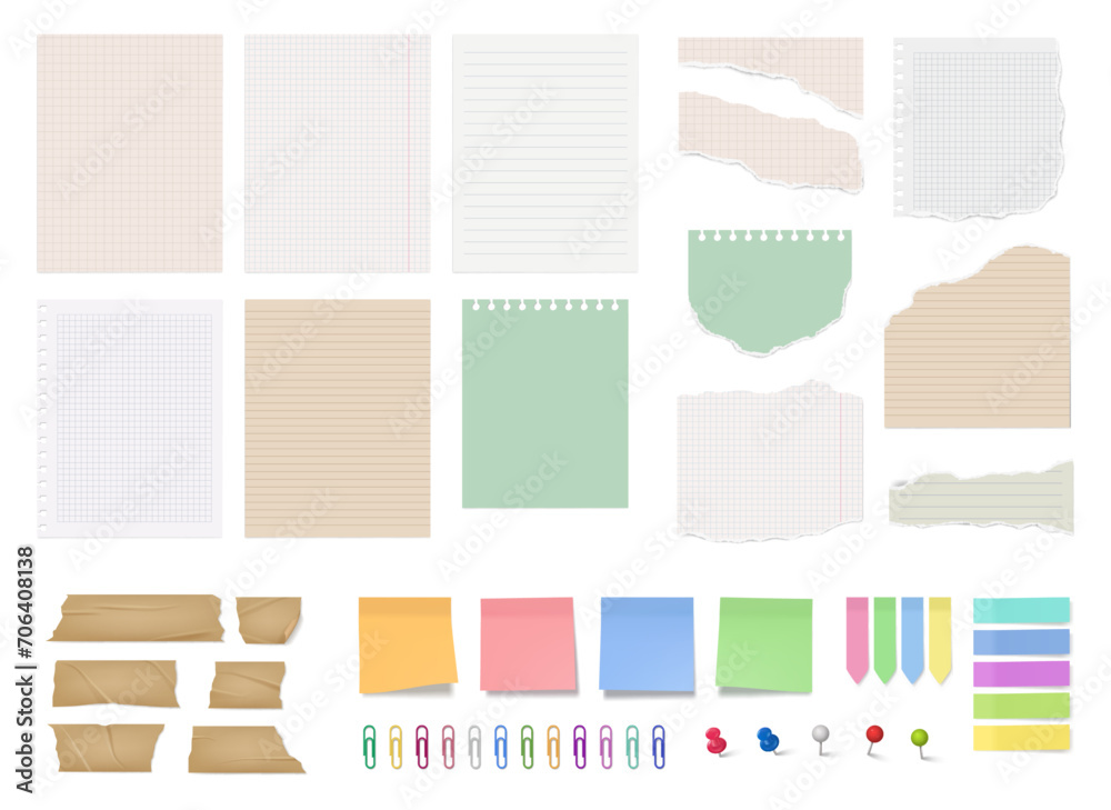 Aufkleber Torn empty notebook pages with uneven edges, isolated sticky notes and memos for important information. Vector isolated adhesive tape and clips, push pins for cardboard, blank bookmarks