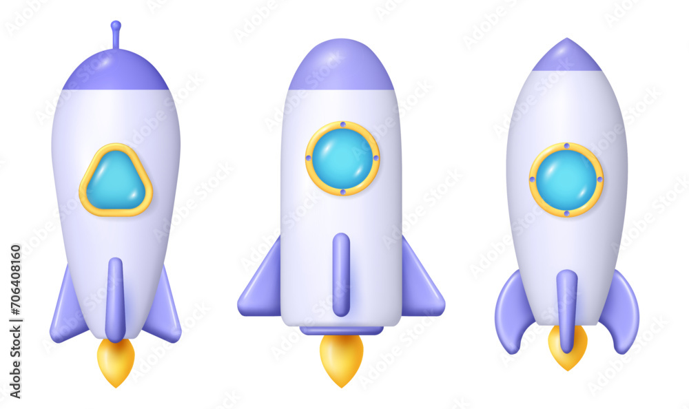 Poster toy rocket upswing, spewing fire and flames. vector isolated taking off rocket with window, spaceshi
