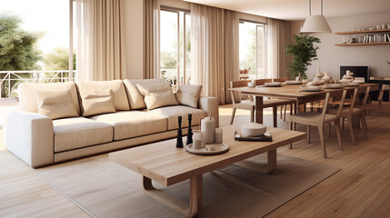 Classic Comfort: Wooden Dining Table and Beige Sofa in Modern Living Room