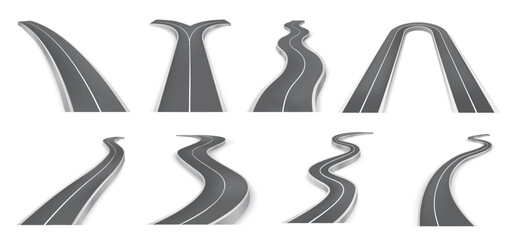 Winding asphalt highway with two lane ways for drivers of vehicles. Vector isolated pathways for traveling, realistic curve roads going into distance. Street for race, bending route with marking - obrazy, fototapety, plakaty