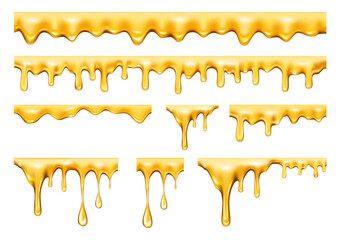 Realistic honey or oil drops stream, isolated dripping gold liquid. Vector blots and splashes, flowing serum or caramel. Organic ingredient for cooking or cosmetic usage. Sticky leak or melting gel