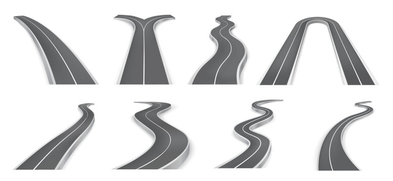 Winding asphalt highway with two lane ways for drivers of vehicles. Vector isolated pathways for traveling, realistic curve roads going into distance. Street for race, bending route with marking