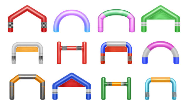 Arch gates of round, square and triangle shape for sports race and marathon competition events. Vector isolated inflatable arcs for contest championship, empty start and finish archways