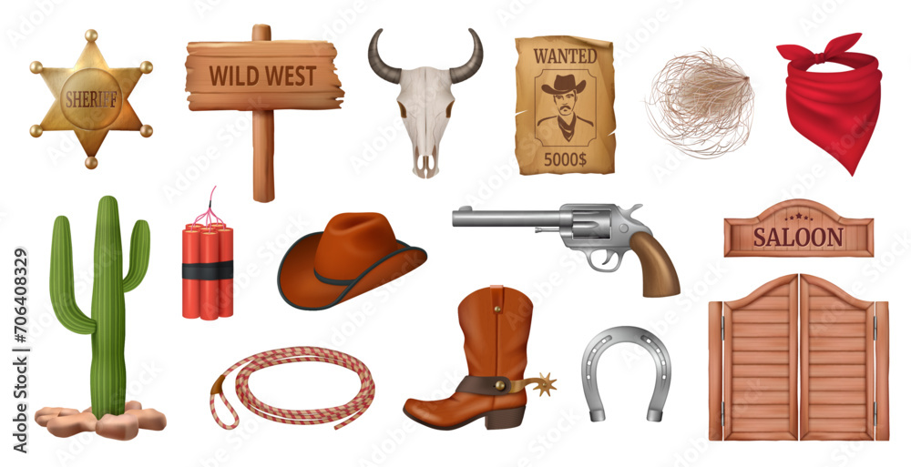Wall mural wild west realistic icons, isolated cowboy character objects for game design. vector cactus and lass