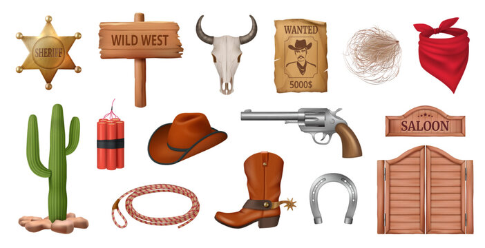 Wild west realistic icons, isolated cowboy character objects for game design. Vector cactus and lasso, hat and boots of sheriff, saloon wooden doors. Wanted picture with criminal, skull of animal