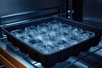 Black silicone ice cube tray on a dark freezer shelf