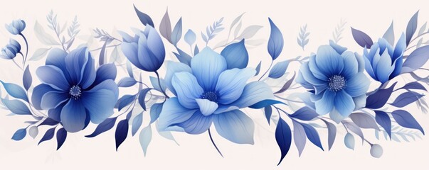 Cobalt blue pastel template of flower designs with leaves and petals - obrazy, fototapety, plakaty