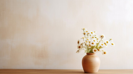 Fototapeta na wymiar Minimalist Elegance: Beige Clay Vase and Wooden Table in Home Interior