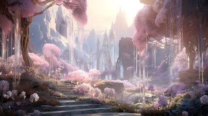 Fantasy landscape with a fantasy forest and mountains. 3d rendering