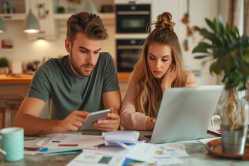 Stressed couple calculating monthly expenses at home. Financial, debt and accounting concept - obrazy, fototapety, plakaty