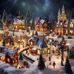 Christmas and New Year miniature village in winter. Christmas holiday concept.