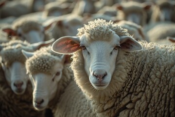 A herd of sheep standing closely together. Can be used to depict unity, teamwork, or a pastoral scene