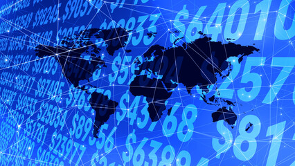 Finance dollars changing and world map in digital money era with bank account retirement, payment, and taxation for american banking and financial technology services