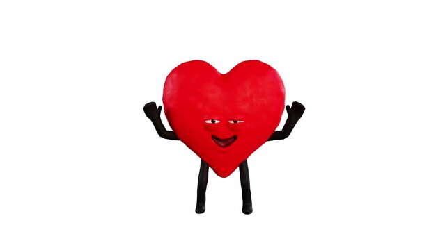 3d cartoon heart with a face jumps onto the screen. Valentine day plasticine heart character. Animation with alpha channel
