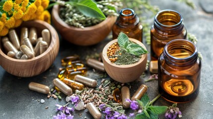 Fototapeta na wymiar Supplements and flowers herbs alternative medicine.