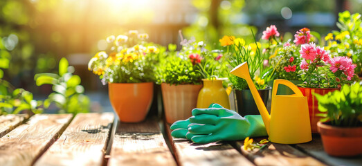 colorful flower pots with watering can and gloves on wooden table on sunny garden background. banner with copy space - obrazy, fototapety, plakaty