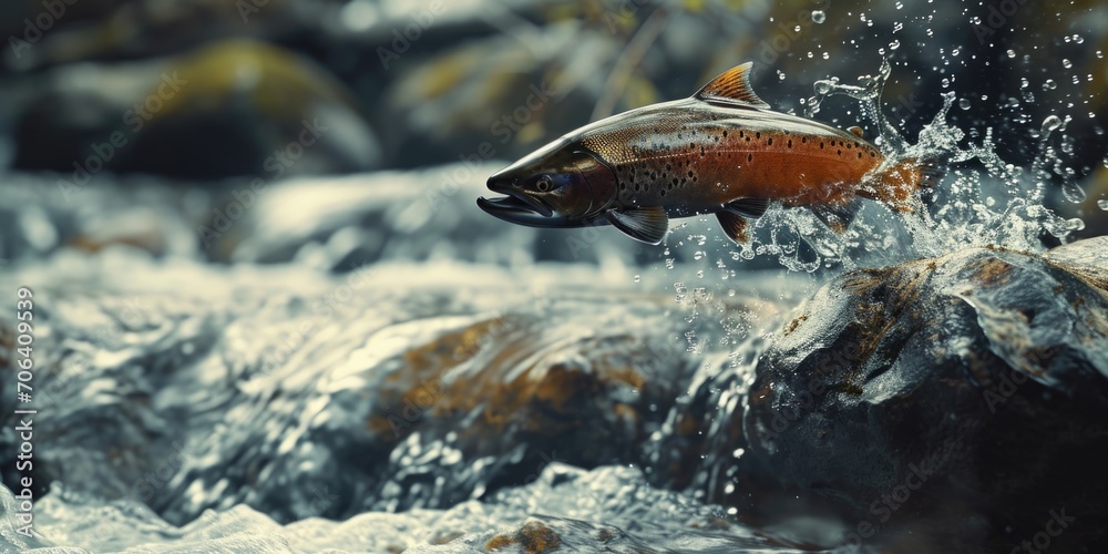 Poster a fish jumping out of a river into the water. suitable for aquatic themes and nature concepts