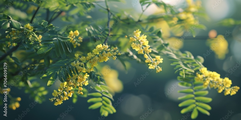 Poster A close-up view of a tree with vibrant yellow flowers. Perfect for adding a pop of color to any project or design