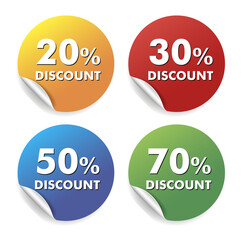 Discounts on sale. Special price tags.
 Discount symbols in the amount of 20, 30, 70 and 50 percent.
 Speech bubbles or chat symbols. Colored stickers. Vector.
