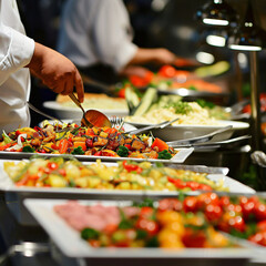 Obraz premium Extravagant Buffet Spread: A Culinary Feast of Diverse Colors and Flavors, with Chefs Masterfully Crafting Culinary Delights in the Background - A Gastronomic Symphony Unfolds - Generative AI