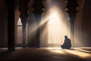 a person praying in the mosque in the sunshine, ramadan background