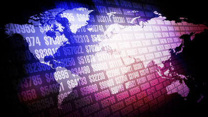 World map shows changing dollars background as global finance and digital money transform financial market with united states dollar at forefront of taxation, accounting, and financial services