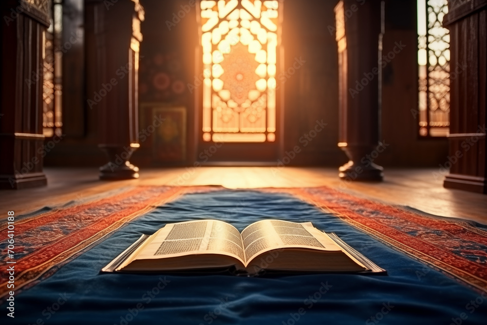 Wall mural open religious book in the mosque at dawn, ramadan background