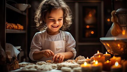 girl with chef's jacket making cookies in kitchen